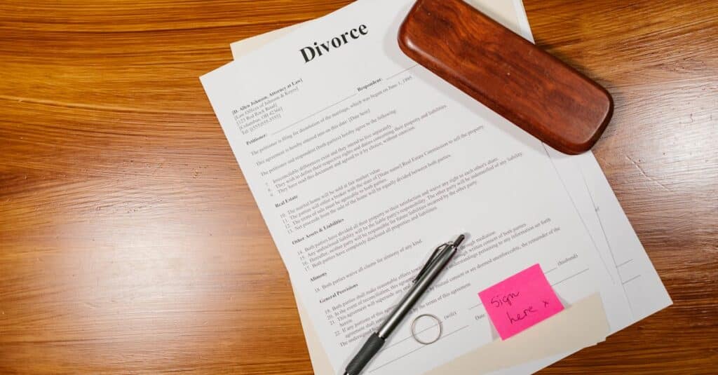 flat-lay-of-divorce-papers-with-a-pen-and-ring-on-a-wooden-table-for-legal-themes